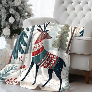 Scandinavian Christmas Blanket with Reindeer | Folk Art Sherpa or Velveteen Throw | Nordic Winter Decor | Cozy Holiday Couch Blanket