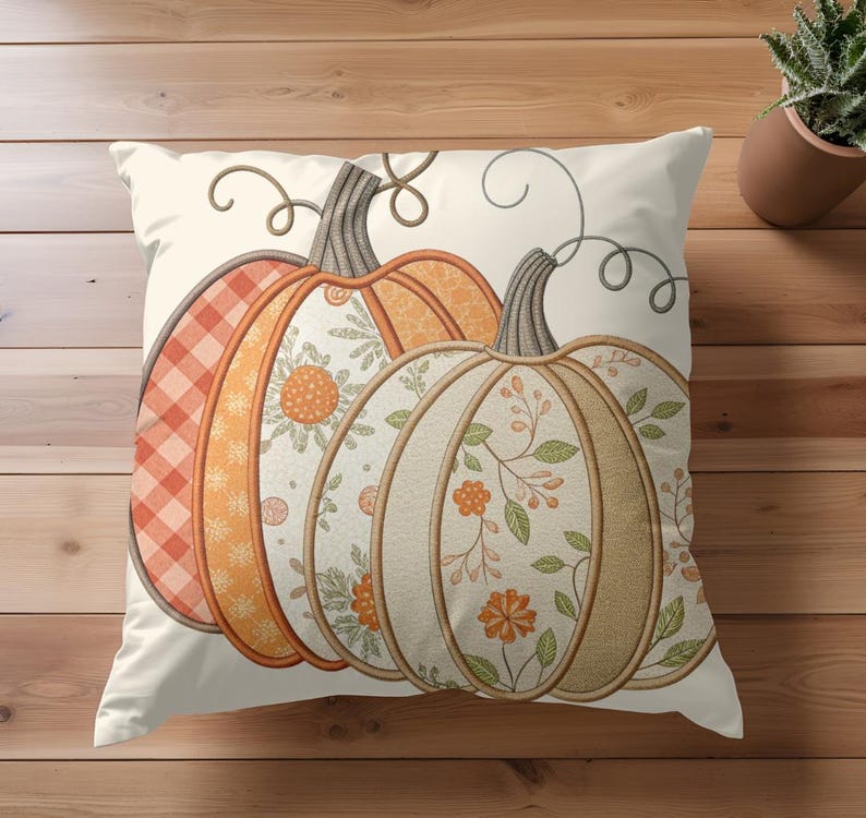 Patchwork Pumpkin Pillow Cover – Faux Suede or Polyester Fall Cushion Case, Cozy Farmhouse Autumn or Thanksgiving Decor