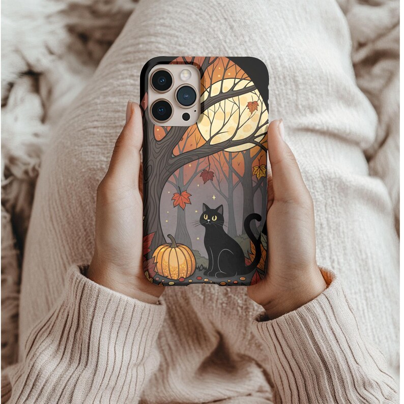 Black Cat Autumn Phone Case – Fall Forest Pumpkin Design for iPhone, Samsung & Pixel – Spooky Cute Halloween Aesthetic