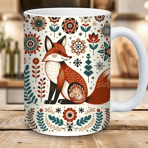 Scandinavian Fox Mug • Nordic Folk Art Coffee Cup • Cozy Autumn Forest Gift • Hygge Animal Mug for Nature Lovers