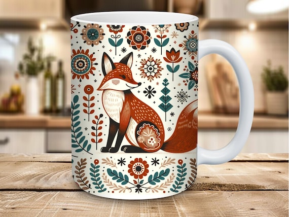 Scandinavian Fox Mug • Nordic Folk Art Coffee Cup • Cozy Autumn Forest Gift • Thanksgiving mug