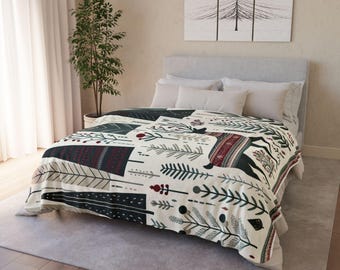 Scandinavian Christmas Blanket with Deer – Folk Art Holiday Throw | Norwegian Winter Decor | Cozy Family Gift