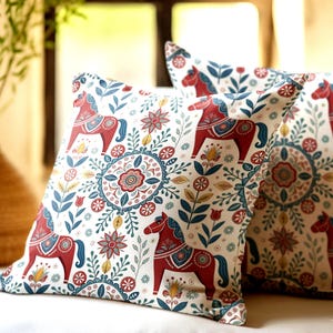 Dala Horse Pillowcase – Scandinavian Hygge Decor, Decorative Folk Art for Indoor & Outdoor Use, Scandinavian Gift