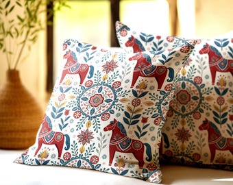 Dala Horse Pillowcase – Scandinavian Hygge Decor, Decorative Folk Art for Indoor & Outdoor Use, Scandinavian Gift