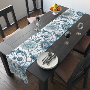 Toile de Jouy Floral Table Runner | Blue Chinoiserie  Design – Elegant dining room décor for a timeless and sophisticated touch.