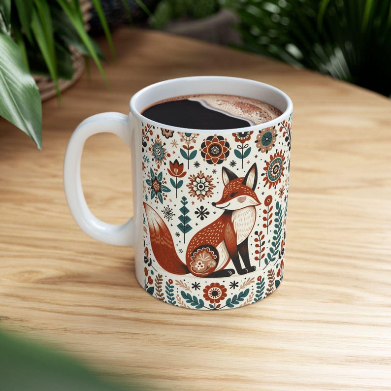 Scandinavian Fox Mug • Nordic Folk Art Coffee Cup • Cozy Autumn Forest Gift • Hygge Animal Mug for Nature Lovers