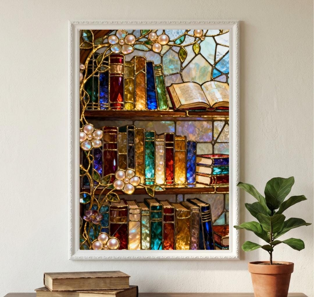 Book Nook Wall Art, Stained Glass Bookshelf Print, Reading Nook Decor ...