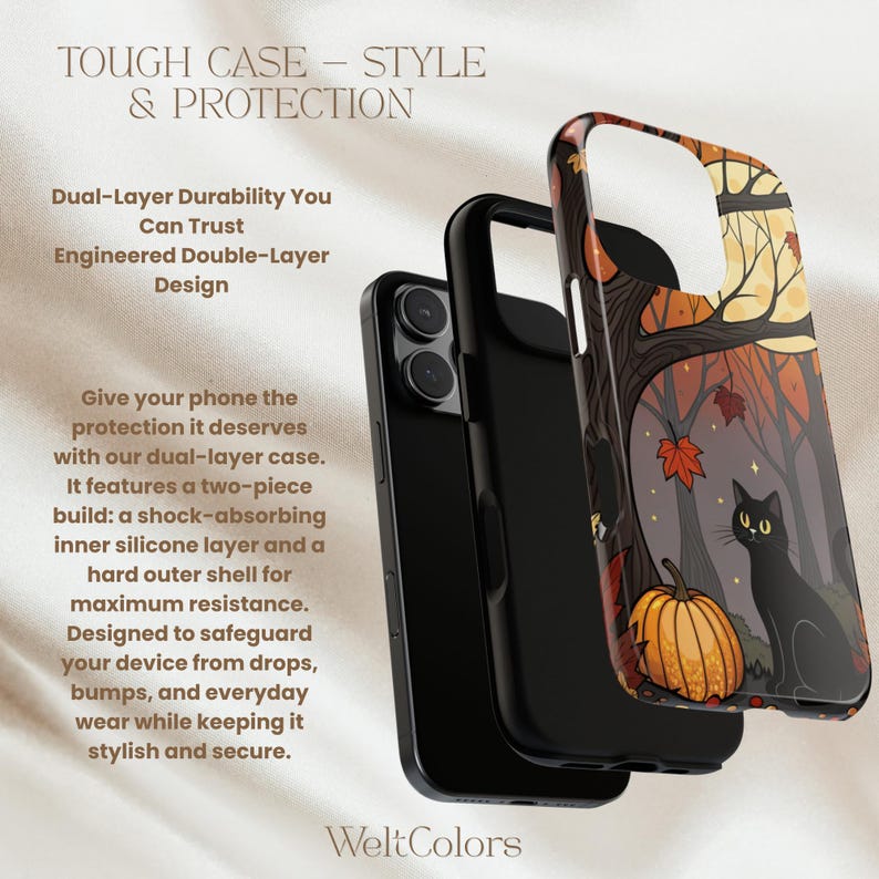 Black Cat Autumn Phone Case – Fall Forest Pumpkin Design for iPhone, Samsung & Pixel – Spooky Cute Halloween Aesthetic