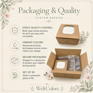May include: An informational graphic titled Packaging & Quality Custom Napkins featuring four icons with text descriptions. Two brown cardboard boxes are shown, one closed and one open, containing white napkins and protective plastic packaging.