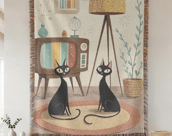 Mid‑Century Modern Cat Blanket – MCM Home Decor Throw, Retro Cat Wall/Bed/Sofa Accent, Housewarming Gift