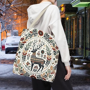 Scandinavian Hygge Deer Tote Bag – Nordic Folk Art Christmas Gift for Women, Cozy Woodland Style, Winter Holiday Nature Accessory