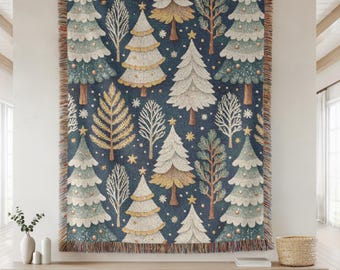 Woven Christmas Blanket for Holiday Decor • Pine Tree Wall Tapestry or Sofa Throw • Green and Gold Winter Decoration