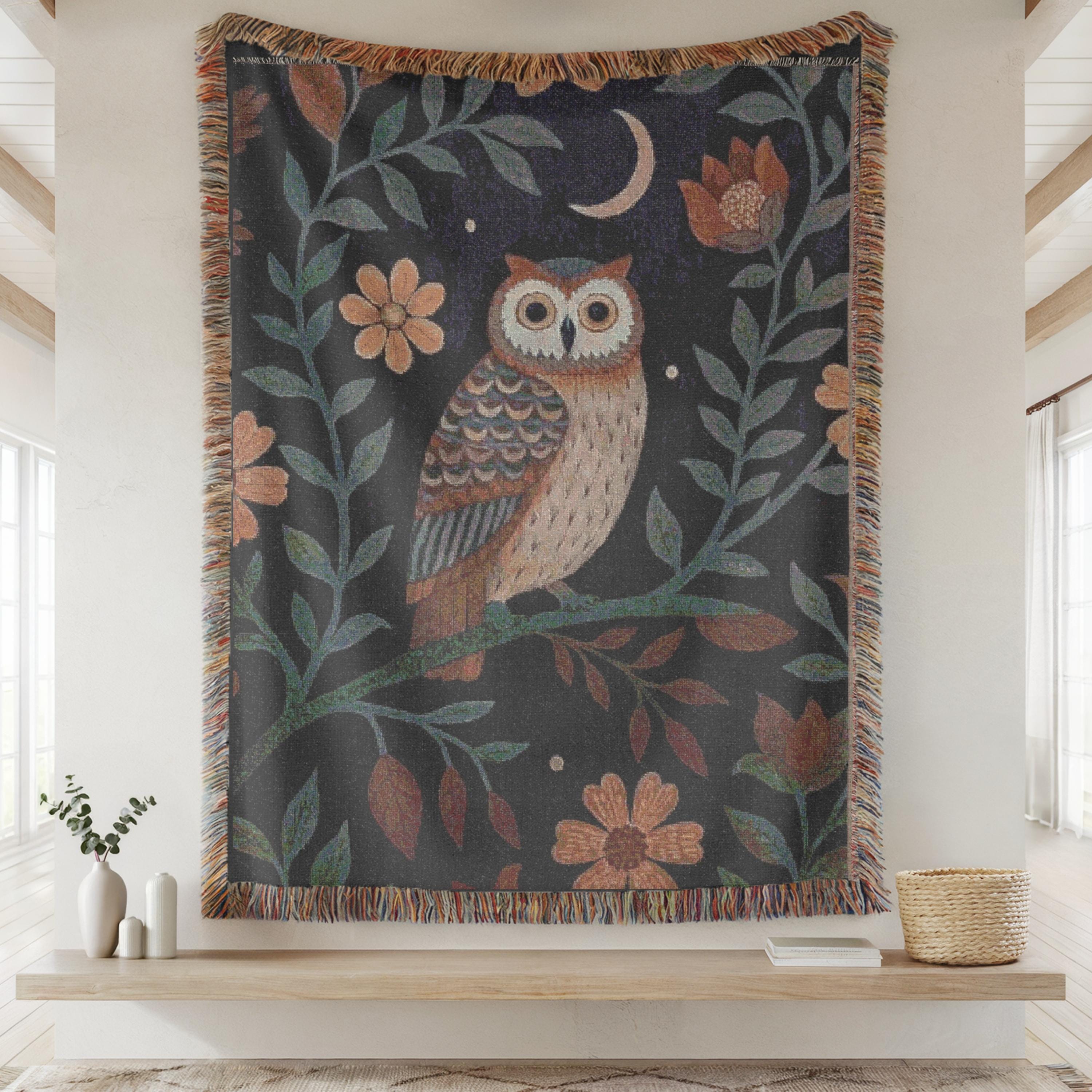 Cottagecore Owl Woven Blanket &ndash; Rustic Floral Throw, Nature Decor
