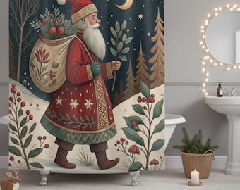Vintage Scandinavian Santa Shower Curtain – Nordic Folk Christmas Bathroom Decor