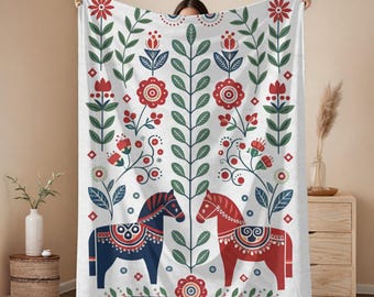 Scandinavian Dala Horse Velvet blanket, Hygge Decor, Nordic Style Sherpa blanket, Decorative Folk Art, Scandinavian Gift