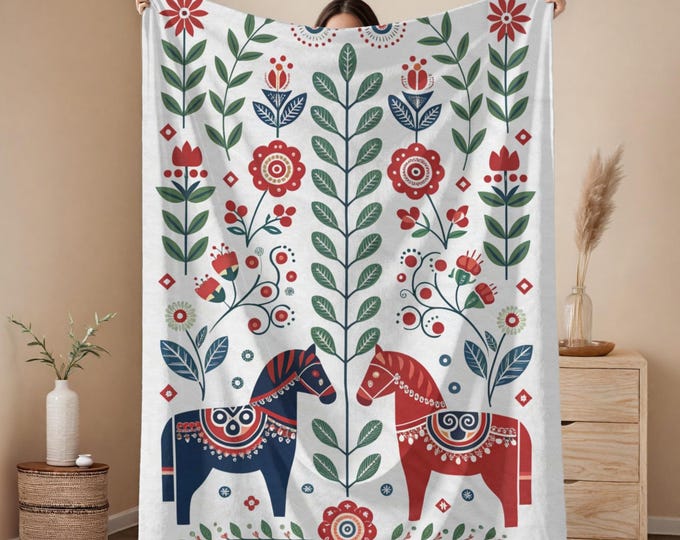 Scandinavian Dala Horse Velvet blanket, Hygge Decor, Nordic Style Sherpa blanket, Decorative Folk Art, Scandinavian Gift