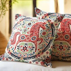 Scandinavian Dala Horse Pillowcase – Folk Art Hygge Decor for Indoor Use – Scandinavian Gift, Nordic Cushion Cover