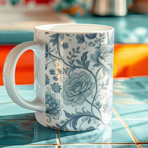 Chinoiserie Toile de Jouy Blue Floral Mug | Elegant Gift for Tea Lovers, mom gift, and Vintage Decor Fans