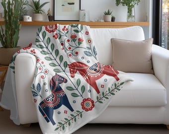 Scandinavian Dala Horse Velvet blanket, Hygge Decor, Nordic Style Sherpa blanket, Decorative Folk Art, Scandinavian Gift