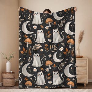 Ghost Cat Halloween Blanket | Sherpa & Velveteen Throw | Spooky Fall Decor | Cottagecore Autumn