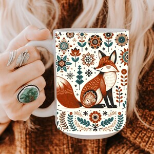 Scandinavian Fox Mug • Nordic Folk Art Coffee Cup • Cozy Autumn Forest Gift • Hygge Animal Mug for Nature Lovers