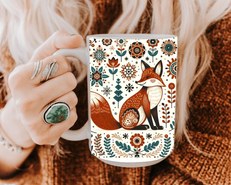 Scandinavian Fox Mug • Nordic Folk Art Coffee Cup • Cozy Autumn Forest Gift • Hygge Animal Mug for Nature Lovers