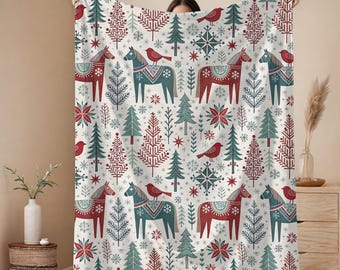 Personalized Dala Horse Christmas Blanket – Nordic Folk Art Throw with Trees & Birds, Cozy Scandinavian Holiday Decor