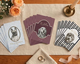 Custom Pet Portrait Playing Cards | Personalized Dog Wedding Deck | Striped Design | Engraving Style Portrait