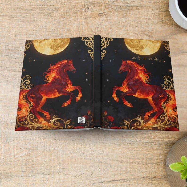 K&ouml;nnte beinhalten: Ein Hardcover-Buch mit einem dunklen Nachthimmel-Hintergrund, Vollmond, Sternen und goldenen Filigranmustern. Das Cover zeigt zwei steigende Pferde aus orangefarbenen und roten Flammen, mit dem chinesischen Text 二零二六年 auf der rechten Seite.