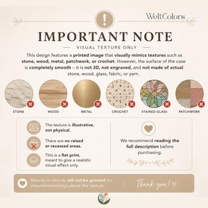 以下が含まれることがあります： WeltColorsによる「IMPORTANT NOTE VISUAL TEXTURE ONLY」というタイトルの情報グラフィック。デザインは、石、木、金属、かぎ針編み、ステンドグラス、パッチワークなどの質感を滑らかな表面に模倣したフラットなプリント画像であることを説明しています。