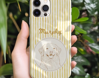 Personalized Pet Portrait Phone Case | Custom Dog Phone Case | Watercolor Line Art | Pet Mom Gift | Striped iPhone cover