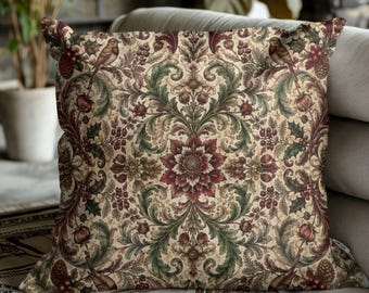 William Morris Style Burgundy Pillow Cover, Vintage Botanical Fall Decor