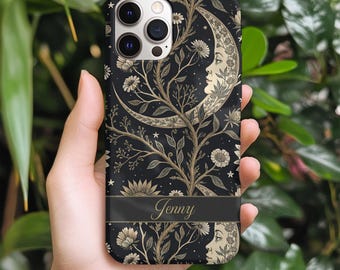 Dark Cottagecore Phone Case • Custom Floral Celestial Style • Elegant Black & Gold Cover for iP 17, S and Pixel