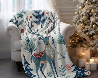 Scandinavian Reindeer Christmas Blanket • Cozy Nordic Winter Throw • Soft Holiday Gift for Family or Friends • Folk Art Decor