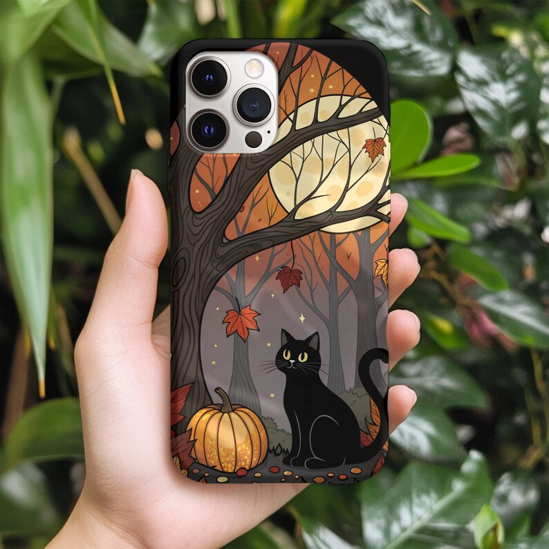 Black Cat Autumn Phone Case – Fall Forest Pumpkin Design for iPhone, Samsung & Pixel – Spooky Cute Halloween Aesthetic