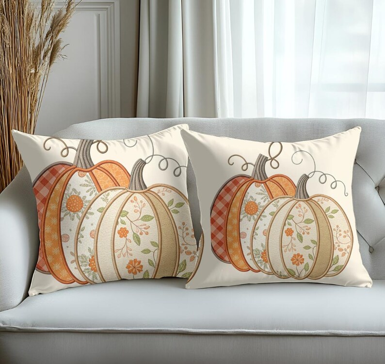 Patchwork Pumpkin Pillow Cover – Boho Fall Throw Pillow, Cozy Autumn Farmhouse Decor, Thanksgiving Cushion for Couch or Entryway
