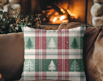Christmas Plaid Throw Pillow Cover – Tartan Holiday Cushion in Green and Burgundy with Trees and Snow, Cozy Winter Decor