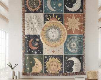 Boho Celestial Woven Throw Blanket – Sun and Moon Tapestry Style, RetroCosmic Decor