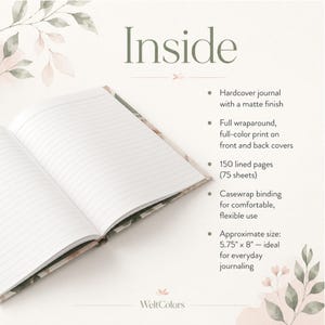 K&ouml;nnte beinhalten: Ein offenes Hardcover-Notizbuch mit linierten Seiten und Casewrap-Bindung. Der Text lautet: Inside, Hardcover journal with a matte finish, Full wraparound, full-color print on front and back covers, 150 lined pages (75 sheets), Casewrap binding.