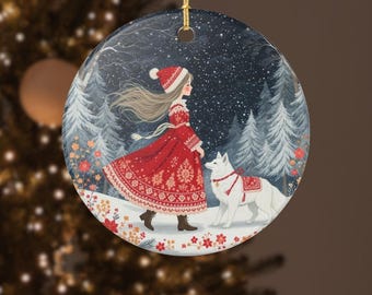 Scandinavian Ceramic Christmas Ornament – Girl & Arctic Wolf in Snowy Forest • Nordic Folk Art Gift for Winter Decor