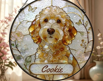 Personalized Goldendoodle Stained Glass Suncatcher, Dog Window Hanging, Dog Lover Gift