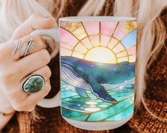 Whale Sunset Stained Glass Mug – Ocean Lover Gift, Summer Coffee Cup, Beach House Decor