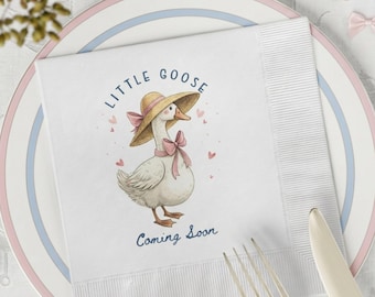 Goose Baby Shower Napkins with Custom Bow Color, Woodland Baby Shower Favors, Personalized Baby Announcement Napkins