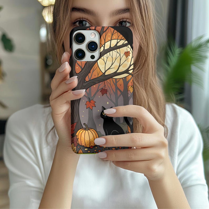 Black Cat Autumn Phone Case – Fall Forest Pumpkin Design for iPhone, Samsung & Pixel – Spooky Cute Halloween Aesthetic