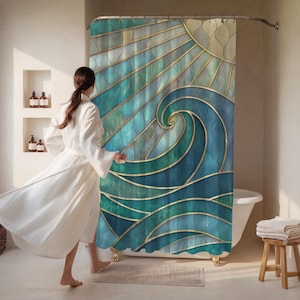 Ocean Wave Stained Glass Shower Curtain | Sun & Sea Art Bathroom Decor | Colorful Modern Retro Style | Beachy Gift Idea