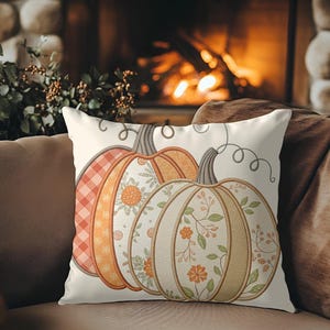 Patchwork Pumpkin Pillow Cover – Faux Suede or Polyester Fall Cushion Case, Cozy Farmhouse Autumn or Thanksgiving Decor