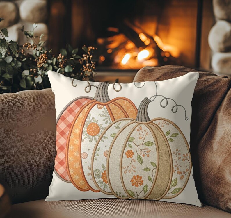 Patchwork Pumpkin Pillow Cover – Faux Suede or Polyester Fall Cushion Case, Cozy Farmhouse Autumn or Thanksgiving Decor
