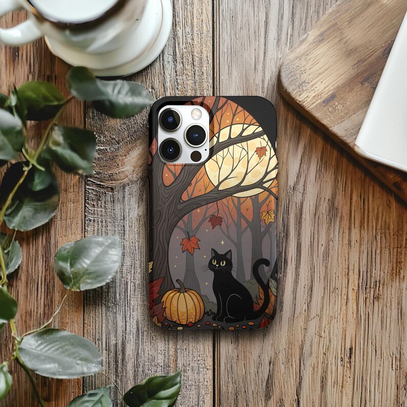 Black Cat Autumn Phone Case – Fall Forest Pumpkin Design for iPhone, Samsung & Pixel – Spooky Cute Halloween Aesthetic