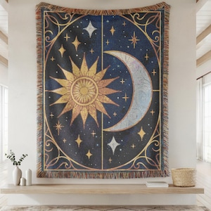 Celestial Sun and Moon woven/ velvet blanket- Celestial patterned blanket, astrology inspired tapestry, bohemian gift for home decor.