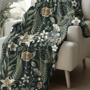 Dark Botanical Floral Blanket, Cottagecore Throw, Moody Nature Decor, Hygge Green Blanket, Romantic Botanical Home Accent
